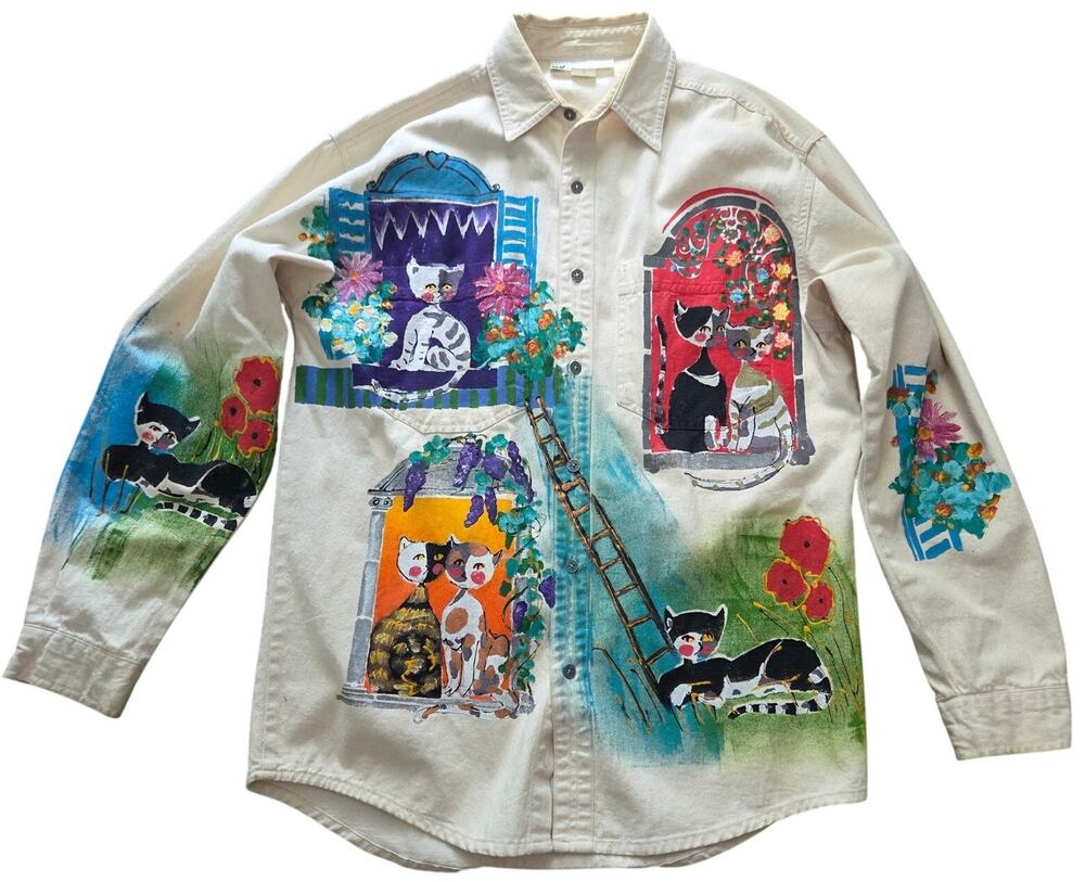 Vintage 90s Hand Painted Kitty Cat Button Down Top Multicolor Artsy Cotton Retro